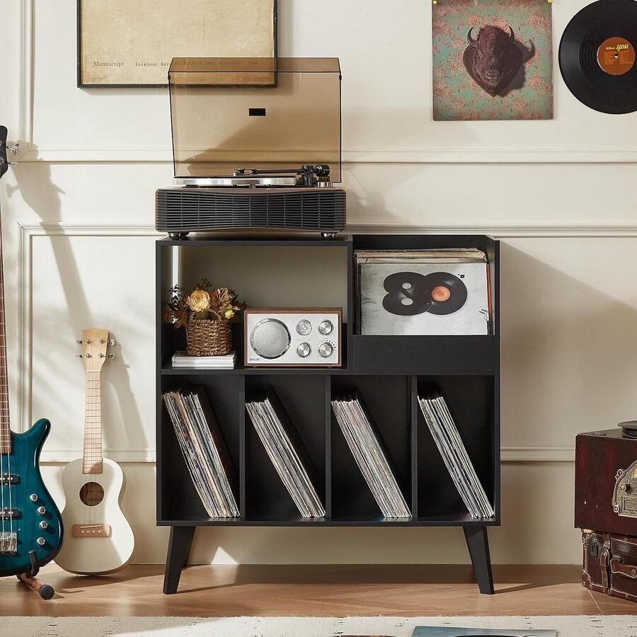 Grote plantenstandaard met opslag platenspeler-standaard met plank vinyl plaathouder met presentatievlak voor maximaal 300 albums ideaal voor muziekkamer en woonkamer zwart