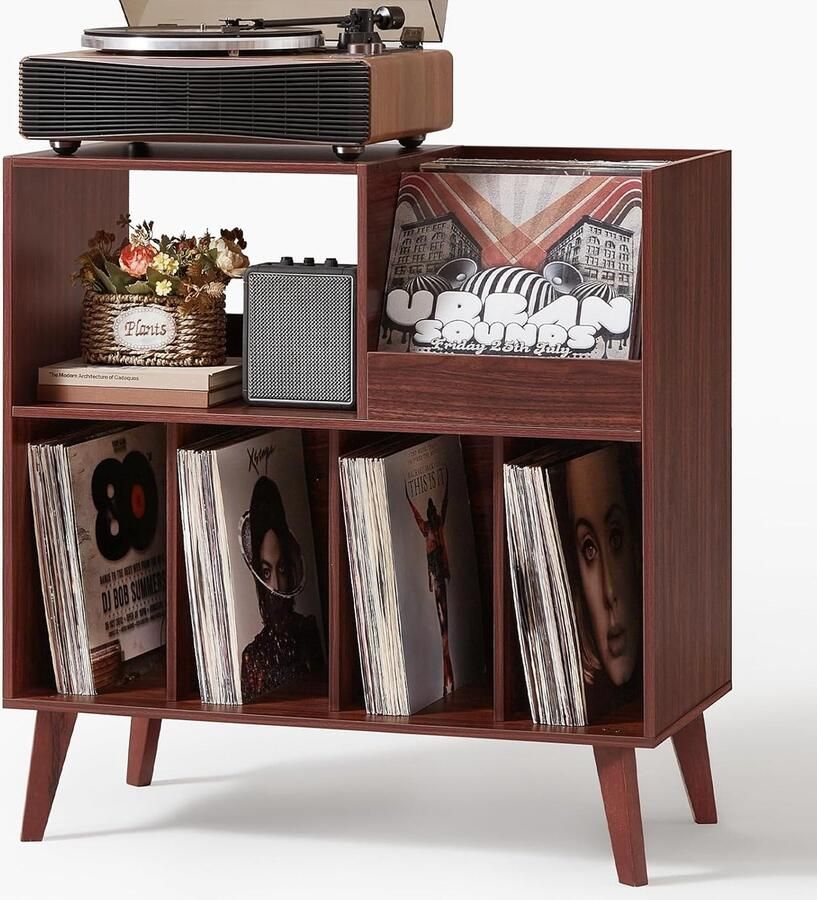 Grote plantenstandaard met opslag platenspeler-standaard met plank vinyl plaathouder met presentatievlak voor maximaal 300 albums ideaal voor muziekkamer en woonkamer