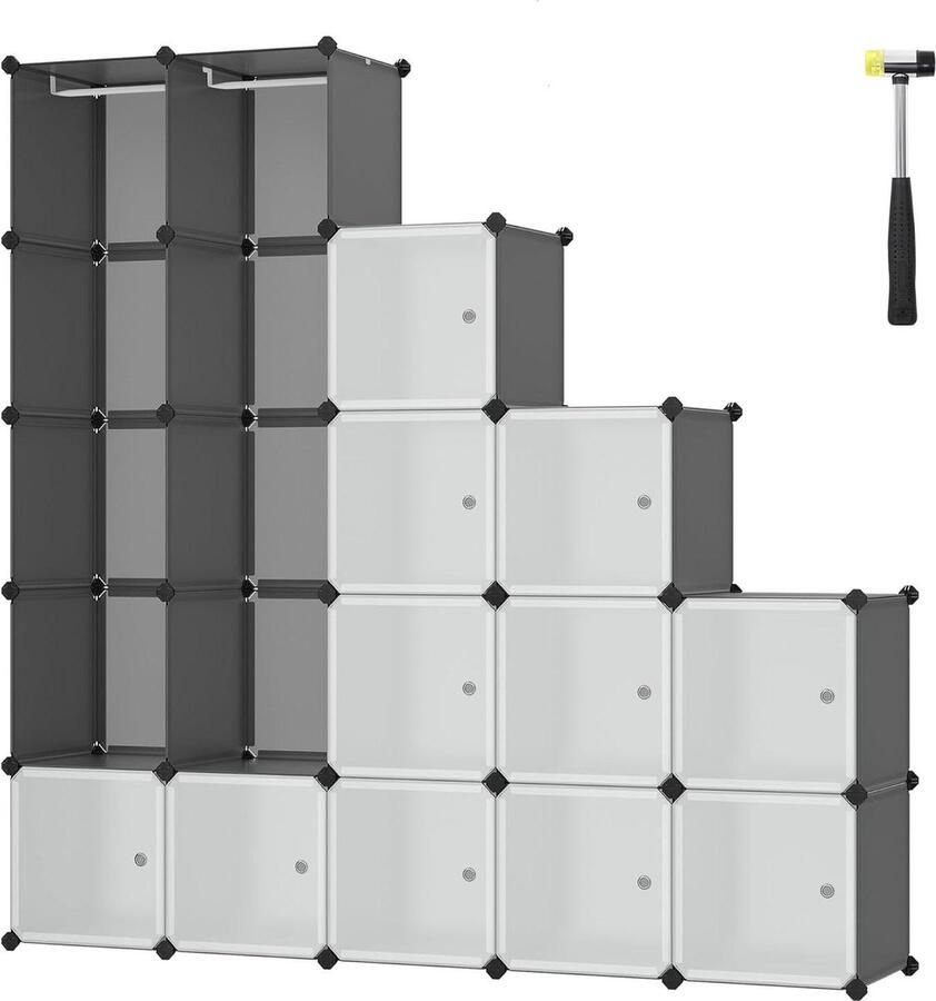 Grote draagbare kledingkast organizer in elkaar grijpende opbergkast met deuren en ophangrails 35 x 35 x 35 cm grijs voor slaapkamer Kledingkast