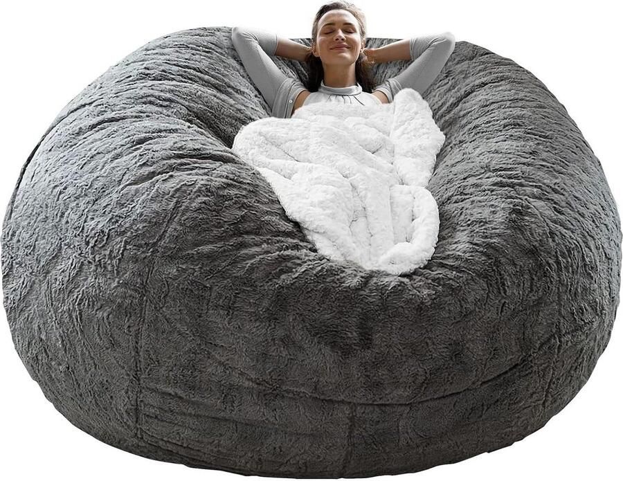 Grote ronde zachte pluizige pv fluwelen wasbare zitzak stoelhoes 6ft 150cm drak grijs