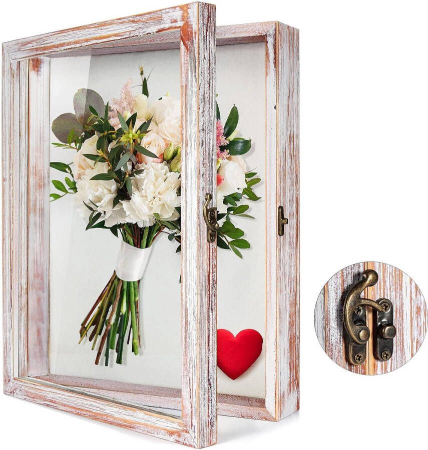 Grote schaduwbox vitrine frame met glazen vensterdeur fotolijst bruiloftsboeket herinneringsstukken medailles foto's herinneringsdoos voor aandenken rustiek zwart (35 x 28 cm -wit)