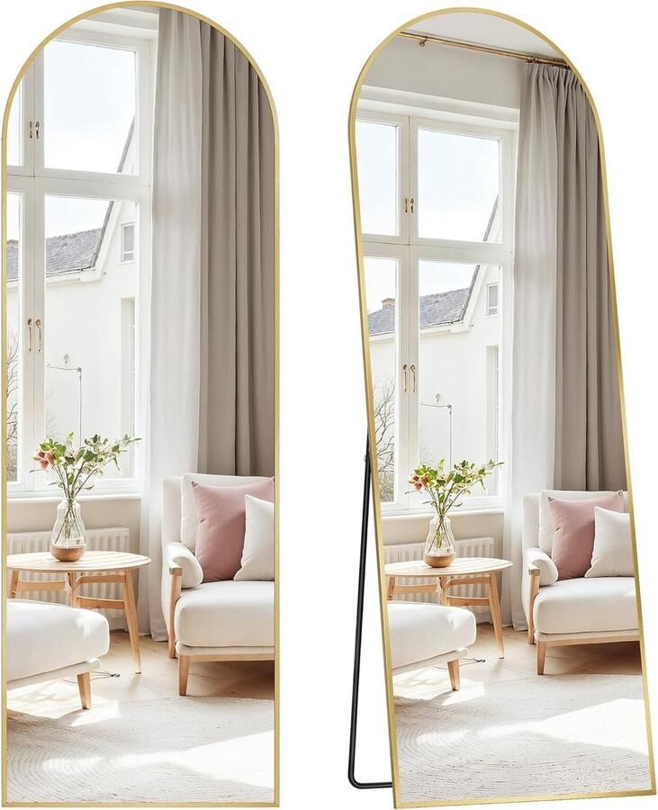 Grote spiegel 160 x 50 cm gebogen spiegel met standaard aluminium frame gehard glas voor slaapkamer woonkamer garderobe lichtgoud