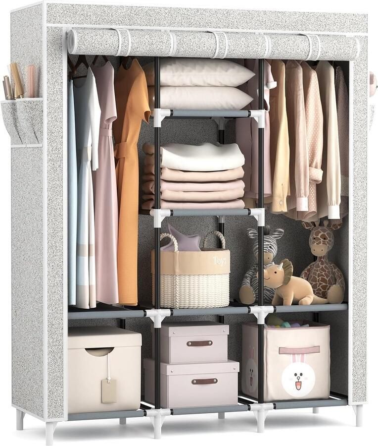 Grote stoffen kledingkast met 8 vakken en 2 hangruimtes