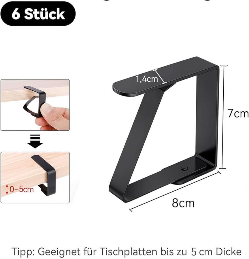 Grote tafelkleedklemmen roestvrij staal set van 6 zwart 8 x 7 cm