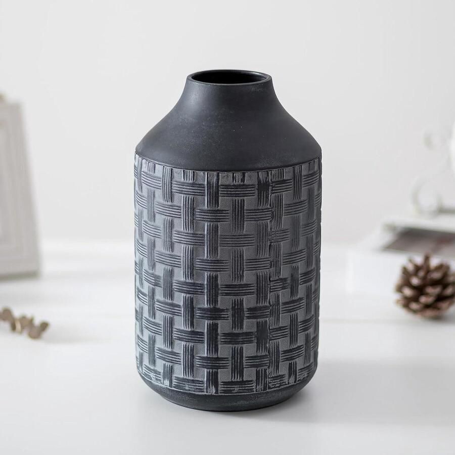 Grote Vintage Bloemenvazen 26cm Hoge Rustieke Metalen Vaas Rattan Weefsel Textuur Pampasgras Boho Vaas Op Tafel Boerderijvazen Kunstbloemen Veren Takken