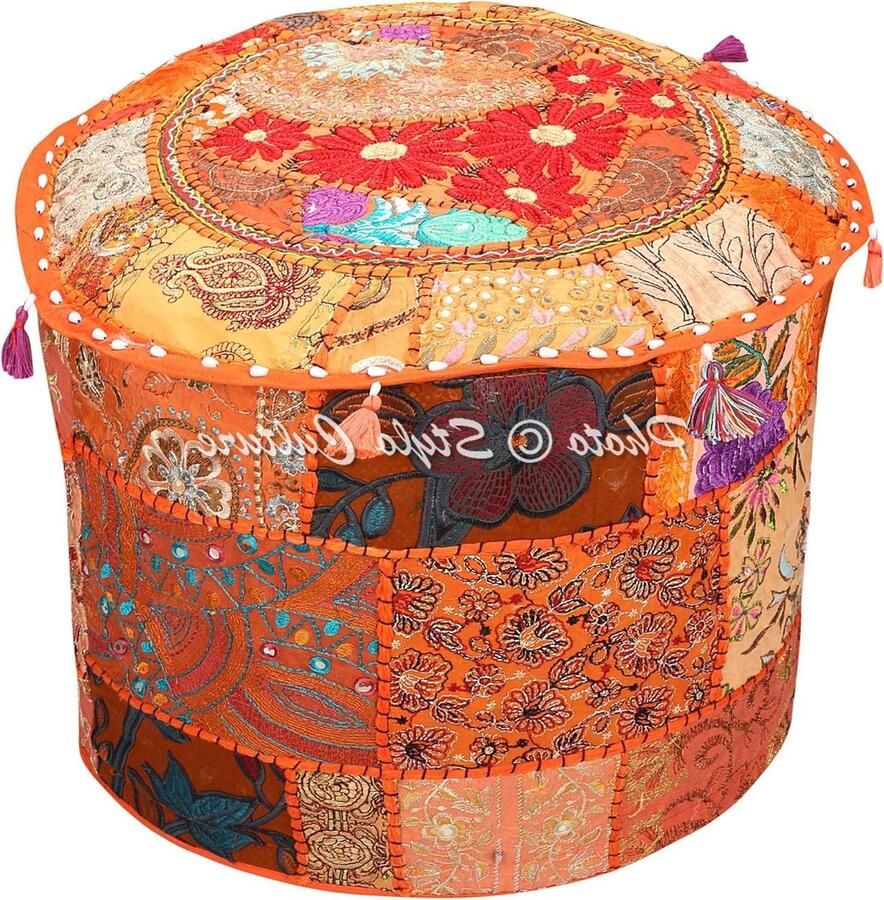 Grote Vintage Oranje Etnische Geborduurde Patchwork Katoen Ottomaanse Poef Cover Traditionele Ronde Stof 40cm