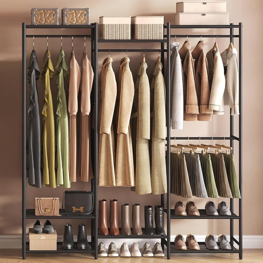 Grote Vrijstaand Kledingkast met 4 Stangen en Verstelbare Planken Zwart