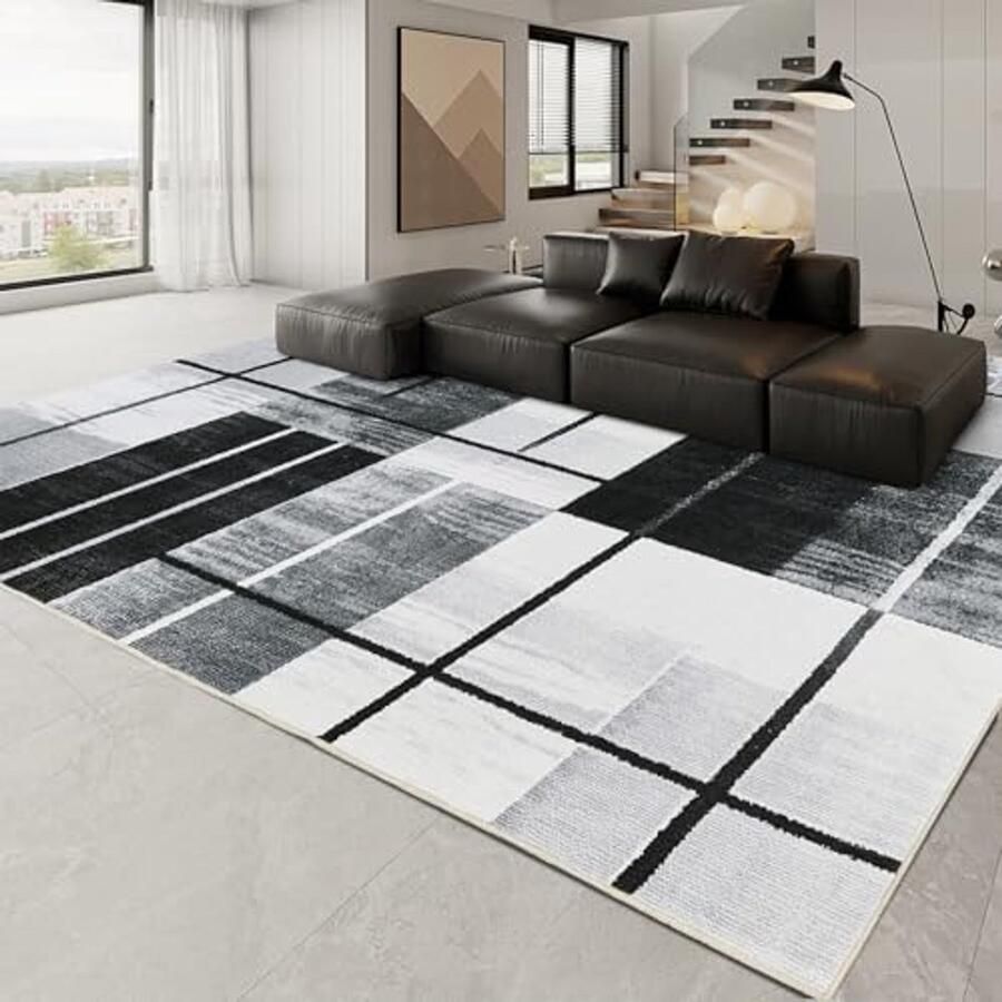 Grote Wasbare Vloerkleden 160 x 230 cm Zwart-Grijs Geruit Laagpolig Antislip Tapijt voor Woonkamer Slaapkamer Keuken en Eetkamer