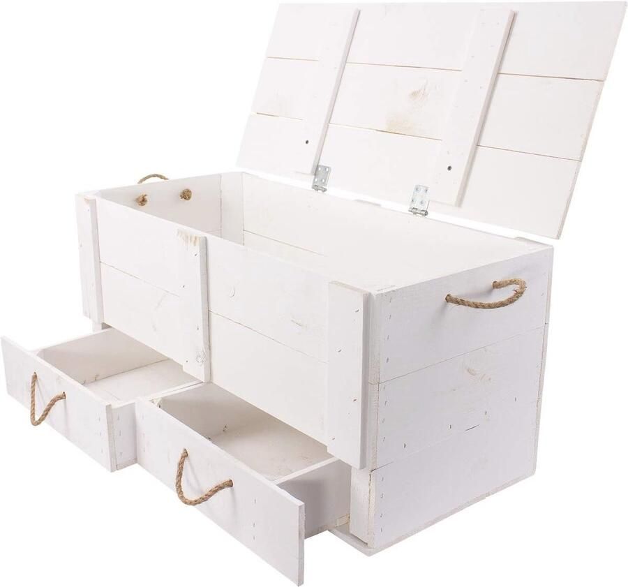 Grote Witte Houten Kist met Deksel en Laden Opbergkist voor Speelgoed en Decoratie