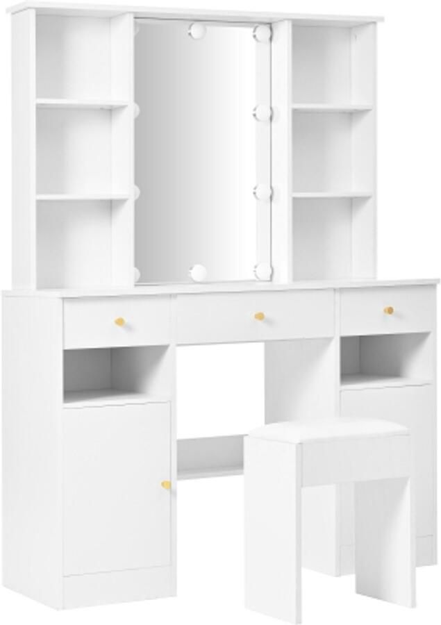 Grote witte kaptafel met spiegel en LED-verlichting – Make-uptafel met verstelbare lampen kruk 3 lades & 2 deuren – Slaapkamermeubel 151x110x40 cm