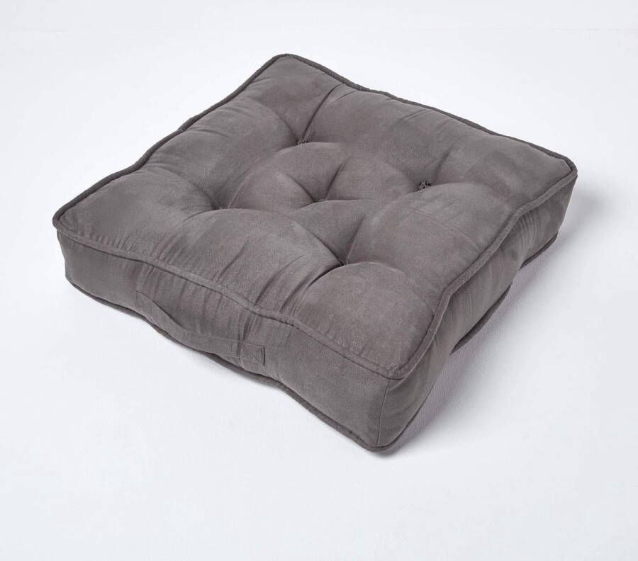 Grote zitkussen 50 x 50 x 10 cm stoelverhoger met handvat en velours hoes gestoffeerde stahulp voor fauteuils en banken taupe grijs