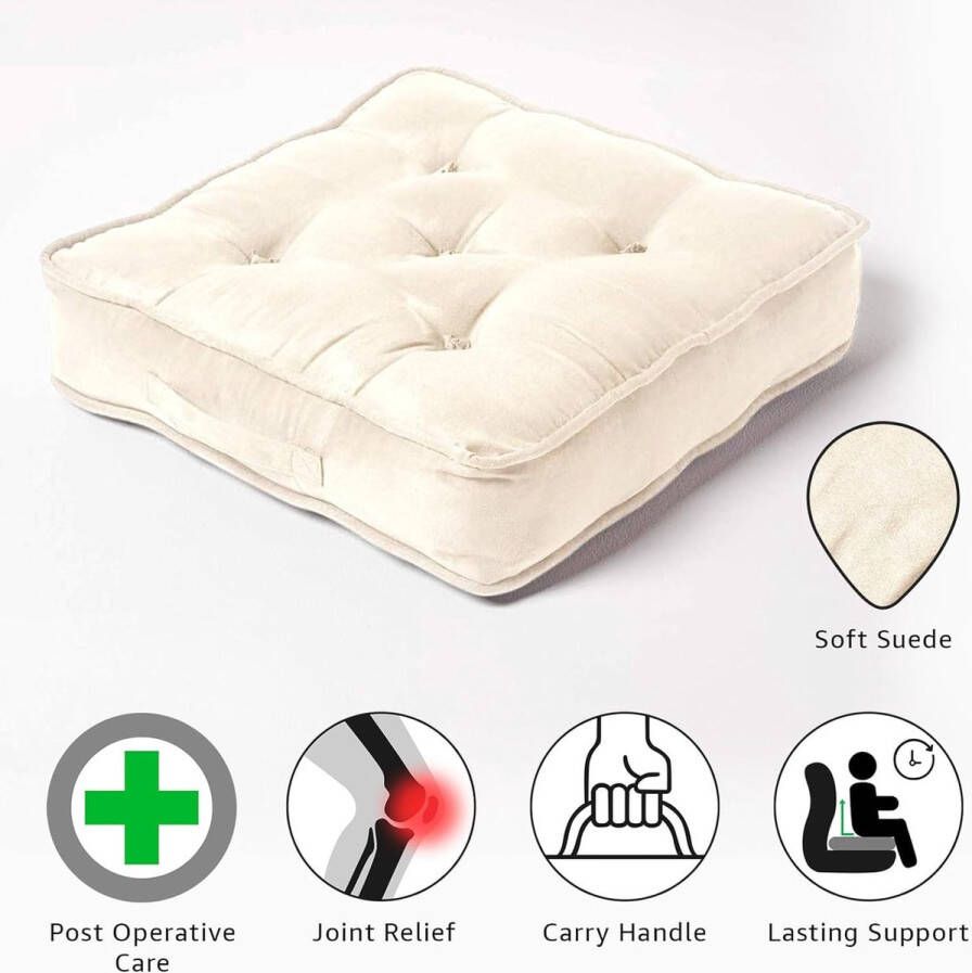 Grote zitkussen 50 x 50 x 10 cm stoelverhoger met handvat en velours hoes gestoffeerde stahulp voor fauteuils en banken crèmewit