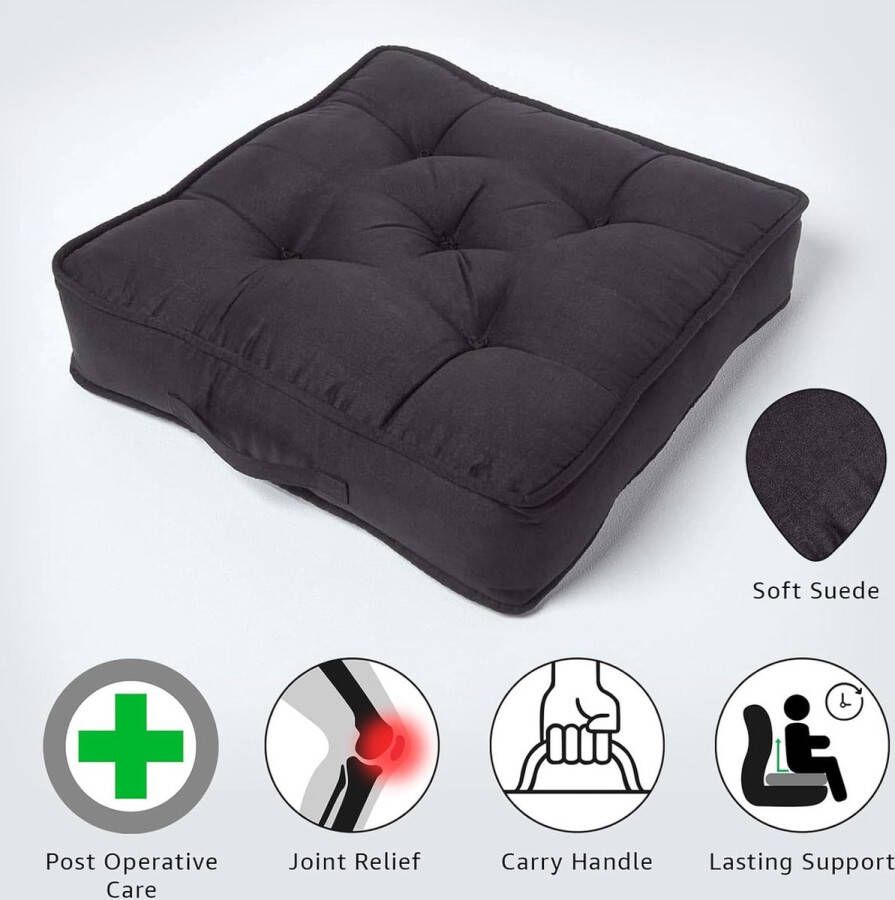 Grote zitkussen 50 x 50 x 10 cm stoelverhoger met handvat en velours hoes gestoffeerde stahulp voor fauteuils en banken zwart