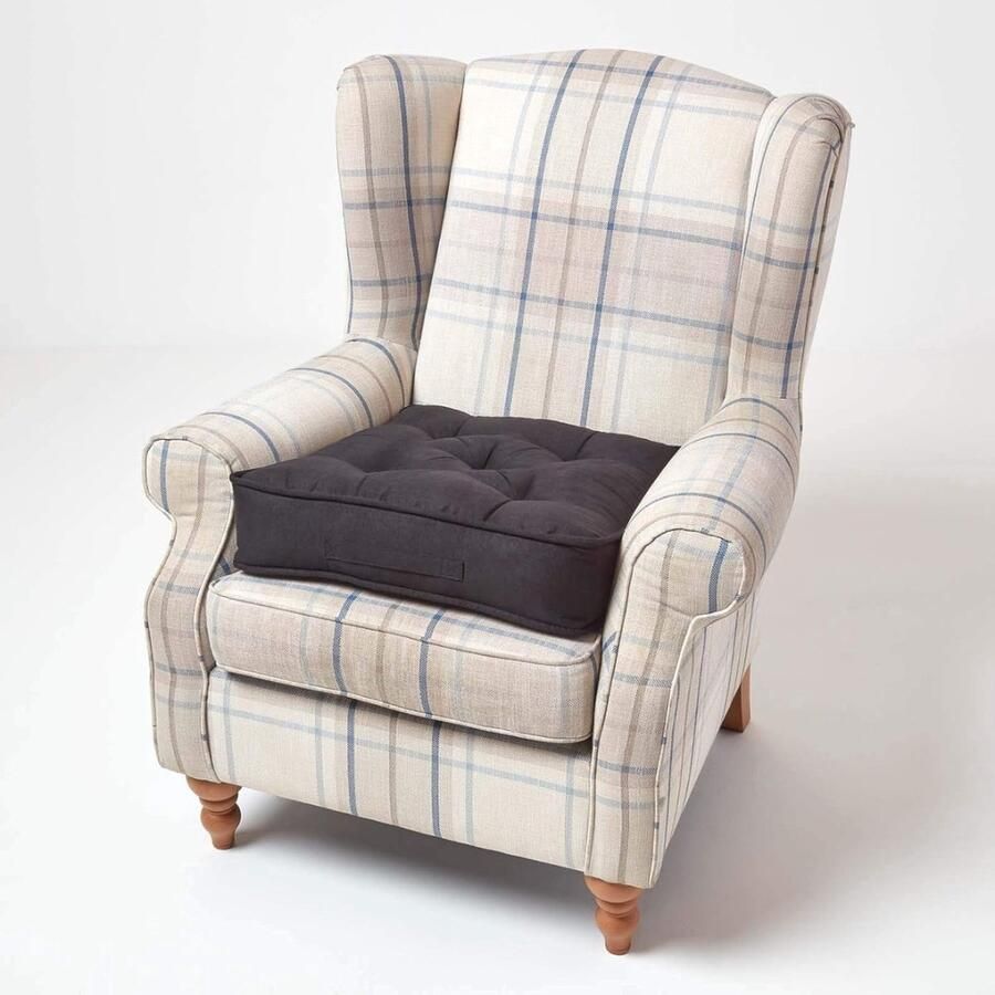 Grote zitkussen 50 x 50 x 10 cm stoelverhoger met handvat en velours hoes gestoffeerde stahulp voor fauteuils en banken zwart