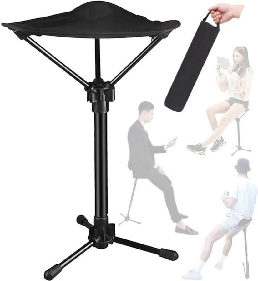 Gsedaox- Opvouwbare Statiefkruk- Telescopische Kruk- Draagbaar voor Buiten- Verstelbare Hoogte- Wandelkruk- Lichtgewicht-Kamperen Zwart