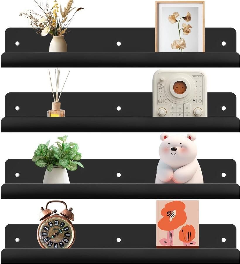 Gucass 4-delige wandplanken zonder boren 30 cm zwevende acryl wandplanken zelfklevende wandplanken voor woonkamer slaapkamer badkamer keuken kantoor studeerkamerdecoratie (zwart)