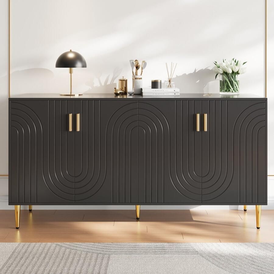 Sweiko Dressoir vier deuren uniek golfdesign gouden handgrepen en pootjes 152 x 40 x 75 cm zwart