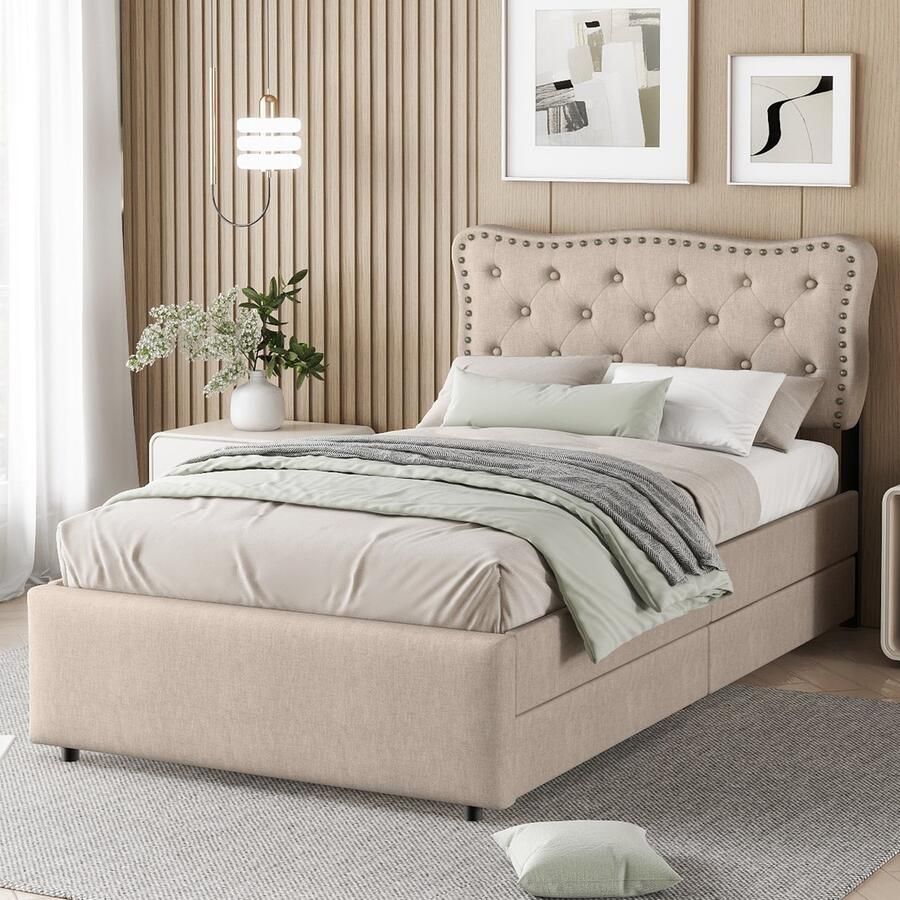 Gutent Eenpersoonsbed Bruinachtig beige(Zonder matras) Dubbele lade met Opbergruimte plat bed 90x200 cm gestoffeerd bed gestoffeerd hoofdbord met decoratieve noppen