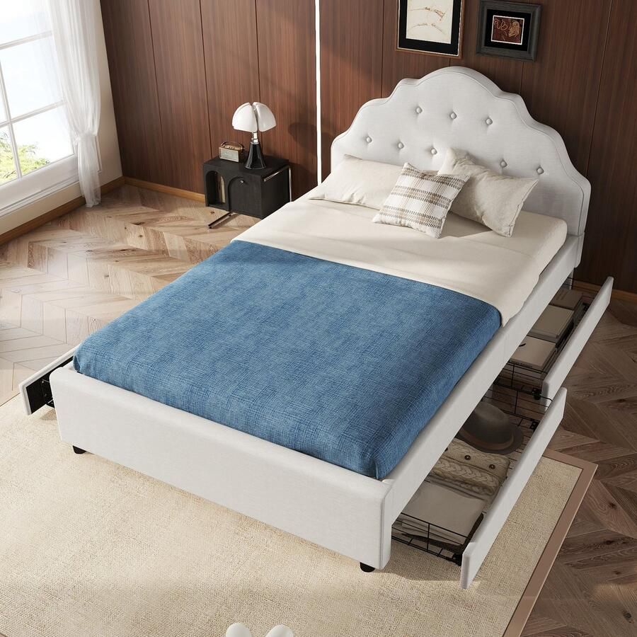 Sweiko Gestoffeerd bed met 4 lades 140x200cm Tweepersoonsbed (zonder matras) Linnen Minimalistische stijl Beige