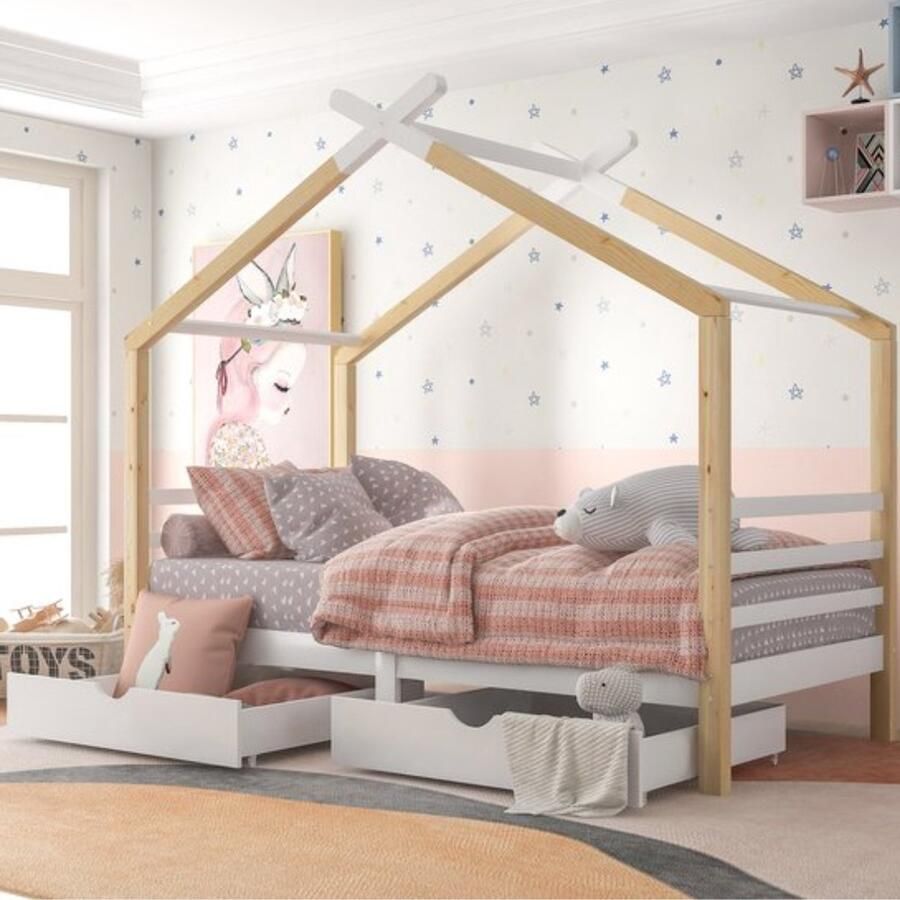 Gutent Kinderbed Wit + Houtkleur (Zonder matras) met laden Massief hout met lattenbodem grenen bed huisstijl kinder- en tienerkamer (90x200 cm)