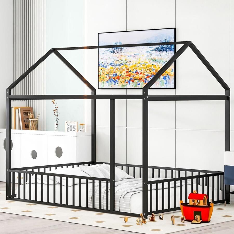 Gutent Kinderbed Zwart (Zonder matras) 140x200 cm Metalen bed huis bed frame met behuizing voor kinderen tieners meisjes jongens