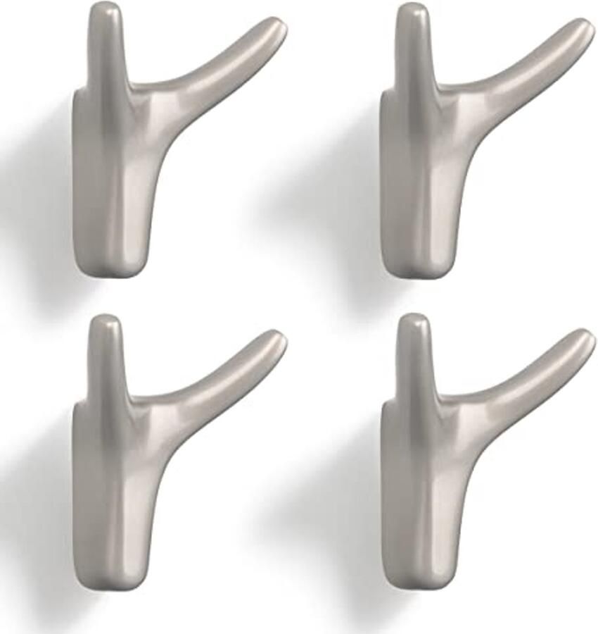 GUWINA Set van 4 dubbele wandhaken kapstokken aan de muur gemonteerde kledinghaken handdoekhaken van zinklegering ideaal voor badkamer keuken slaapkamer multifunctionele haken kapstokken met schroeven (parelnikkel)