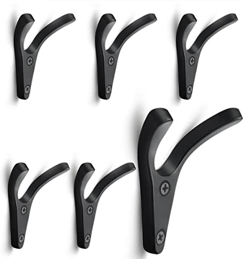 GUWINA Set van 6 dubbele wandhaken minimalistische design kapstokken aan de muur gemonteerde kledinghaken handdoekhaken hoedenhaken van zinklegering multifunctionele haken kapstokken met schroeven (matzwart)