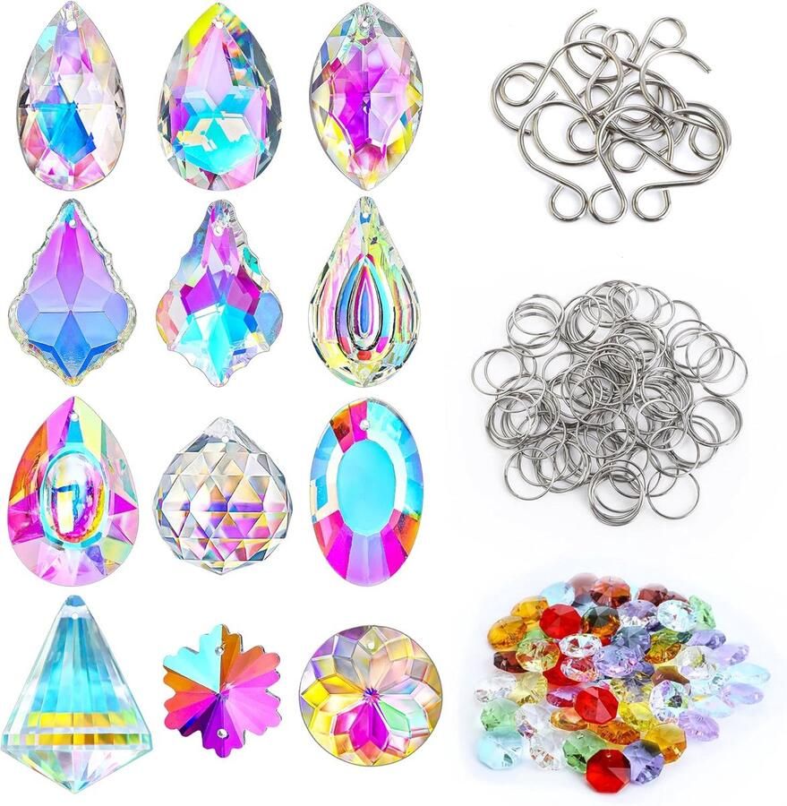 H&D HYALINE & DORA 164-delige doe-het-zelf zonnevanger-set kristallen zonnevanger met kristallen kroonluchter prisma vervangende zonnevanger-kralen om op te hangen aan ramen