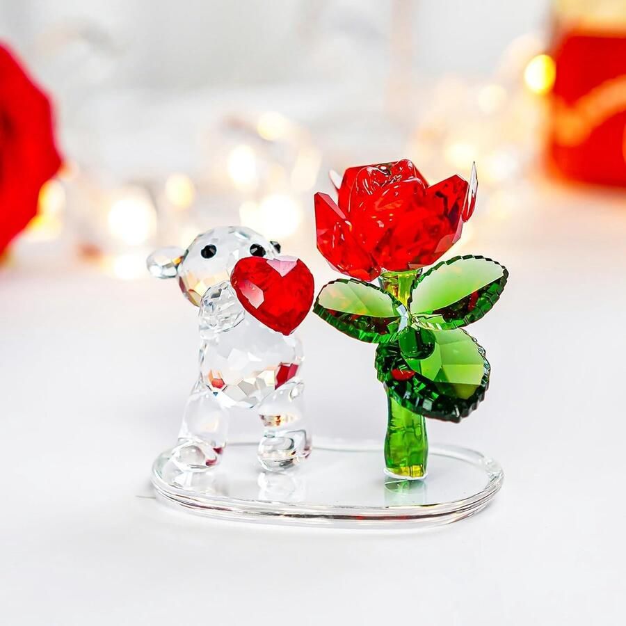 H&D HYALINE & DORA kristallen beer beeldje met rode roos glas dier verzamelobject ornament voor cadeau thuis tafel decoratie Valentijnsdag geschenken voor haar