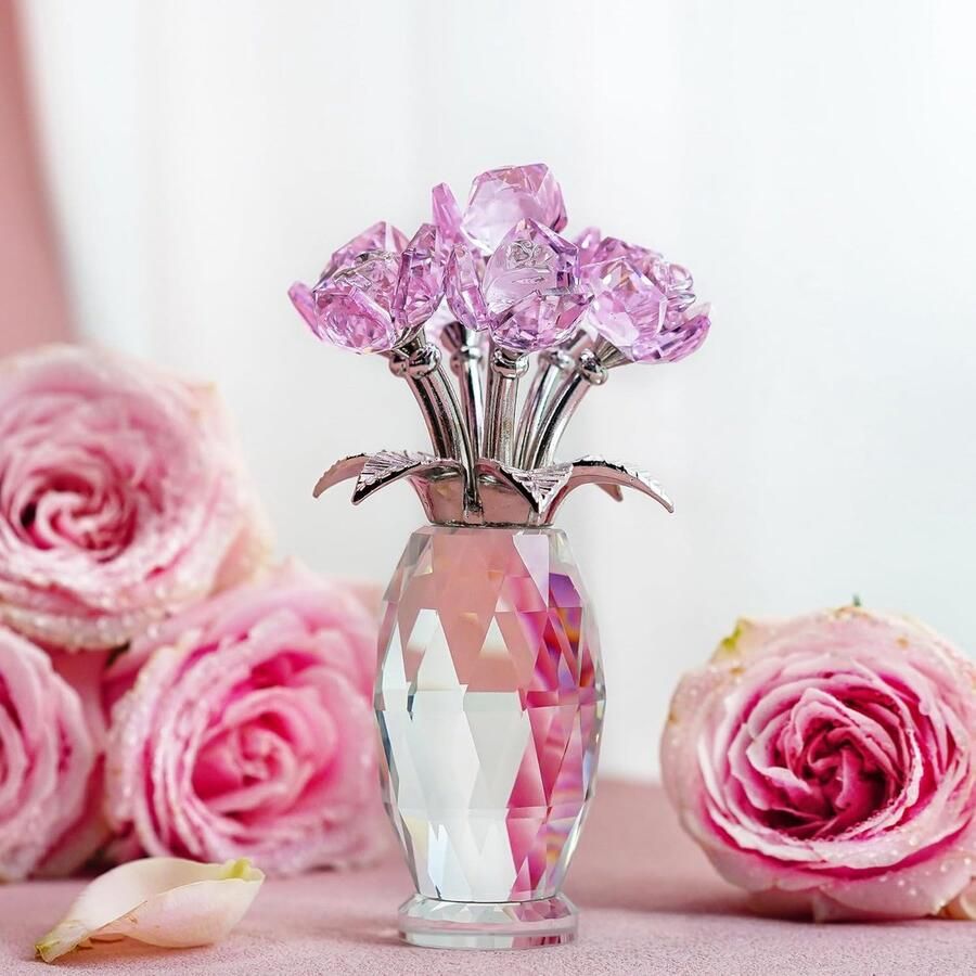 H&D HYALINE & DORA Kristallen roos bloem beeldje glazen roos bloemen geschenken voor vrouwen roze roos bloem verzamelobject voor thuis tafel decor (geschenkdoos zegen kaart en een polijstdoek)