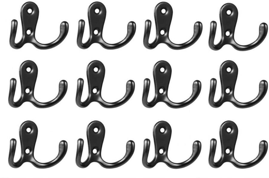 Haakjes 12 Stuks Dubbele Haken Industrieel Haken incl schroefjes Jas haak- Muurbevestigde Haken Zinklegering Garderobe Kledinghaken Sleutelhaak Wandhaak Muurhaak Handdoekhaakjes Kledinghaak 53*41mm Zwart