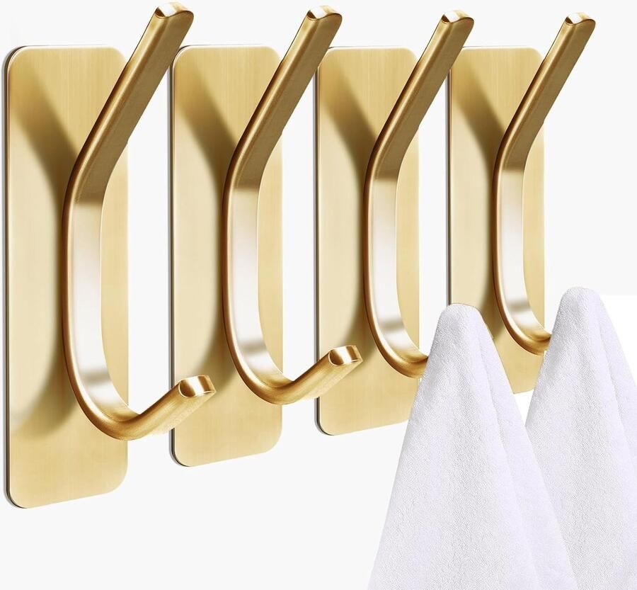 Haakjes 4 stuks Haakjes zelfklevend Ophanghaken Industrieel Jas haak Sleutelhaak Wandhaak Handdoekhouders voor badkamer en keuken Muurhaak Handdoekhaakjes Kledinghaak Kapstok haak Badkamerhanddoekhaak Goud