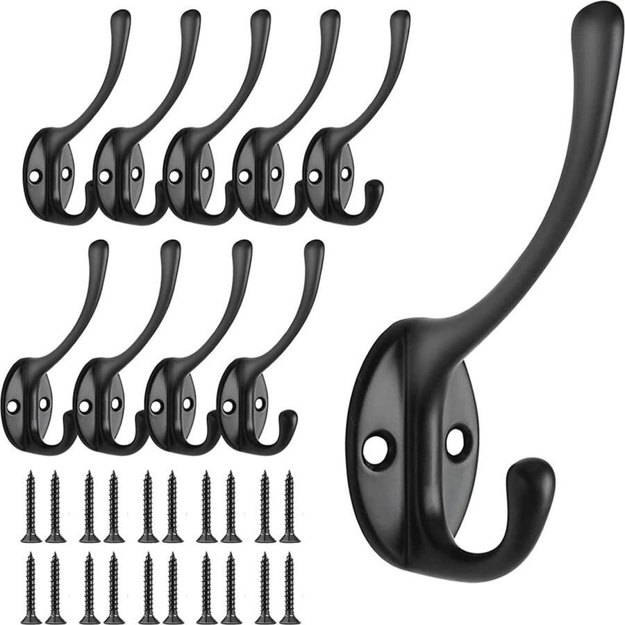 Haakjes Ophanghaken Set Van 10 Ontwerp Met Dubbele Haak Ophanghaakjes Wandhaakjes Jas Haak Kapstokhaken Sleutelhaak Muurhaken Handdoekhaak Handdoek Haakjes Theedoek Hanger Incl. Schroefjes Badkamer Zwart