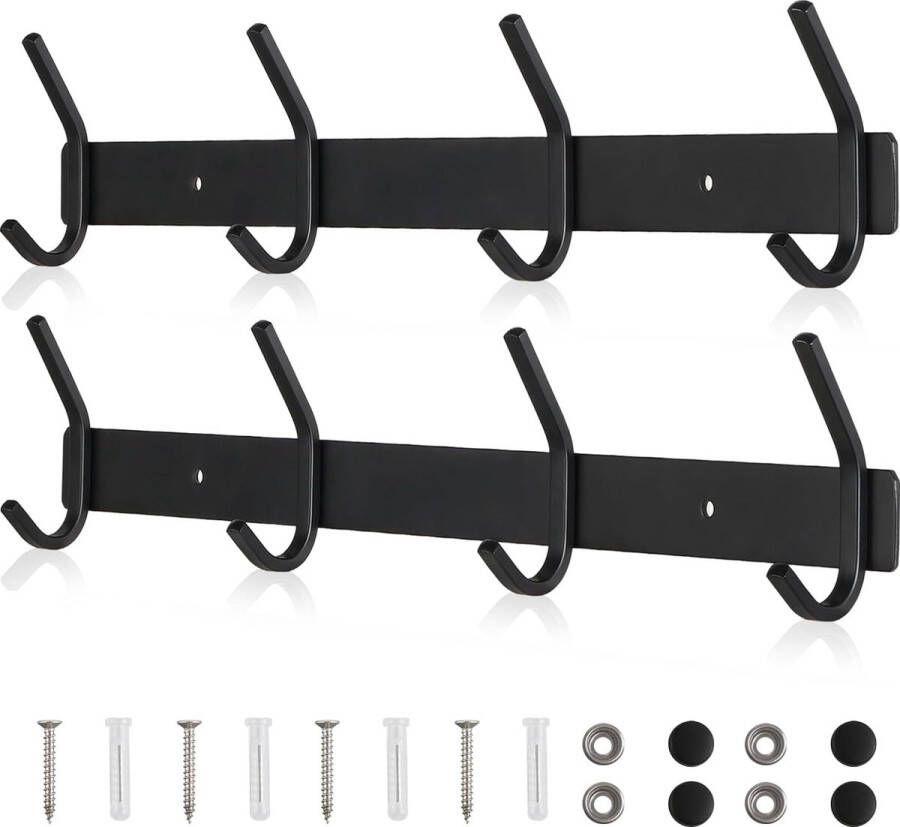 Haaklijst 2 stuks kledinghaken met 4 haken kledinghaken mat zwart 43 cm tot 40 kg garderobelijst roestvrij staal SUS304 haaklijst keuken badkamer woonkamer handtassen