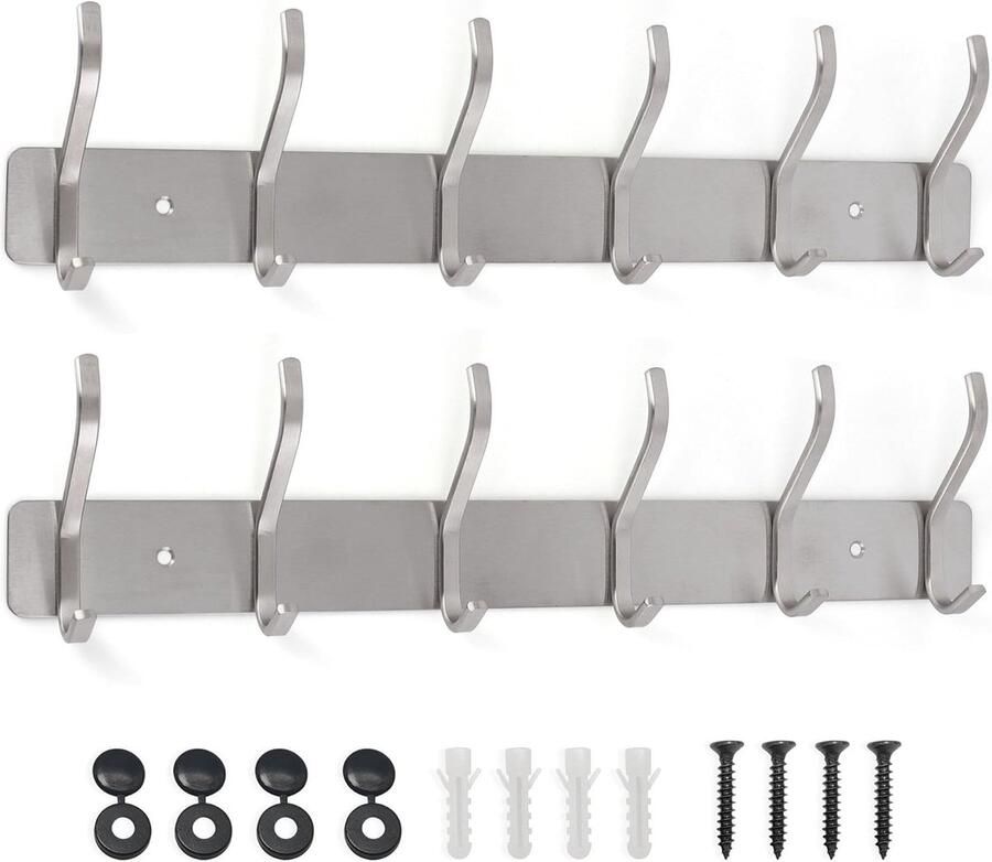Haaklijst garderobe 6 haken kledinghaken garderobelijst metalen lijst roestvrij kledinghakenlijst jashouder van roestvrij staal voor wandgarderobe slaapkamer mat zilver 2 stuks