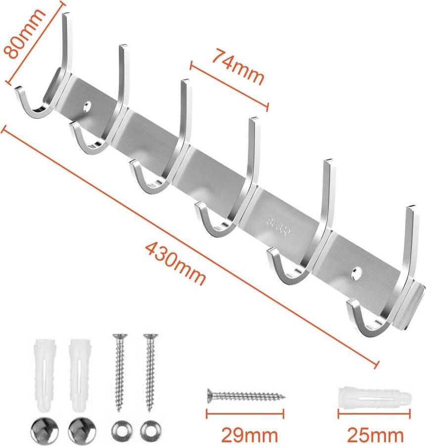 Haaklijst garderobe SUS304 roestvrij staal modern kapstok muur geborsteld look dubbele haken jassen jurken haken met 6 haken kledinghaken voor keuken slaapkamer kantoor zilver