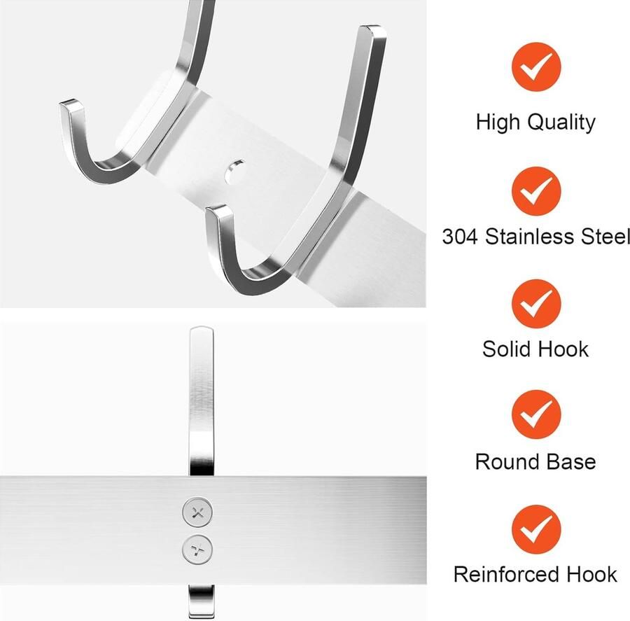 Haaklijst garderobe SUS304 roestvrij staal modern kledinghakenlijst muur geborstelde look dubbele haken jashaken kledinghaken met 6 haken kledinghaken voor keuken slaapkamer kantoor