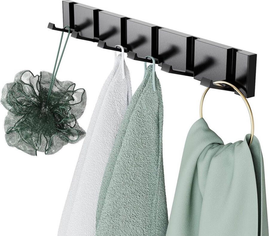 Haaklijst garderobehaken aan de muur gemonteerd opvouwbare kledinghaken metaal met 6 beweegbare haken voor jassen mantels sjaals handtassen en meer 43 x 5 cm zwart