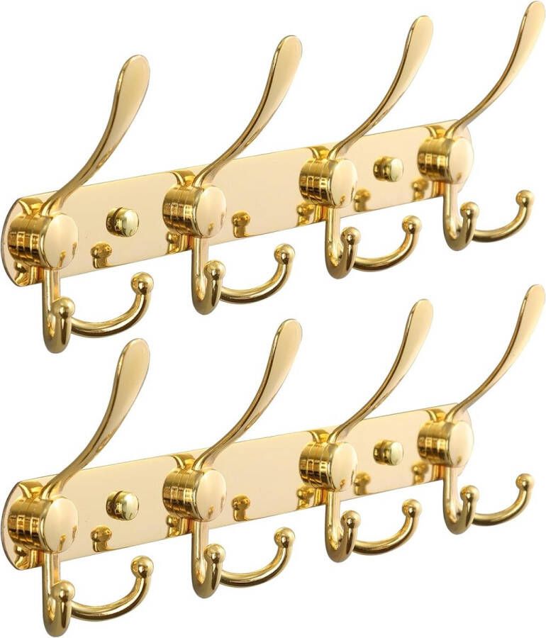 Haaklijst garderobehaken wandhaken 2 stuks 4 x dubbele haken kledinghaken garderobelijst voor muur robuuste handdoeklijst roestvrij voor keuken badkamer goudkleurig