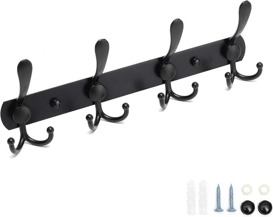 Haaklijst garderobehaken wandhaken 4 x dubbele haken kledinghaken garderobelijst voor muur robuuste handdoeklijst roestvrij voor keuken badkamer zwart