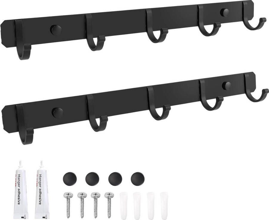 Haaklijst kledinghaken 2 stuks garderobehaken muur met 5 haken moderne badjashaken wandkapstok aluminium voor slaapkamer kast badkamer keuken (36 cm zwart)