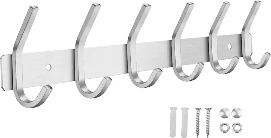 Haaklijst roestvrij staal garderobehaken geborstelde kledinghaken wand garderobelijst voor slaapkamer badkamer keuken (zilver 6 haken)