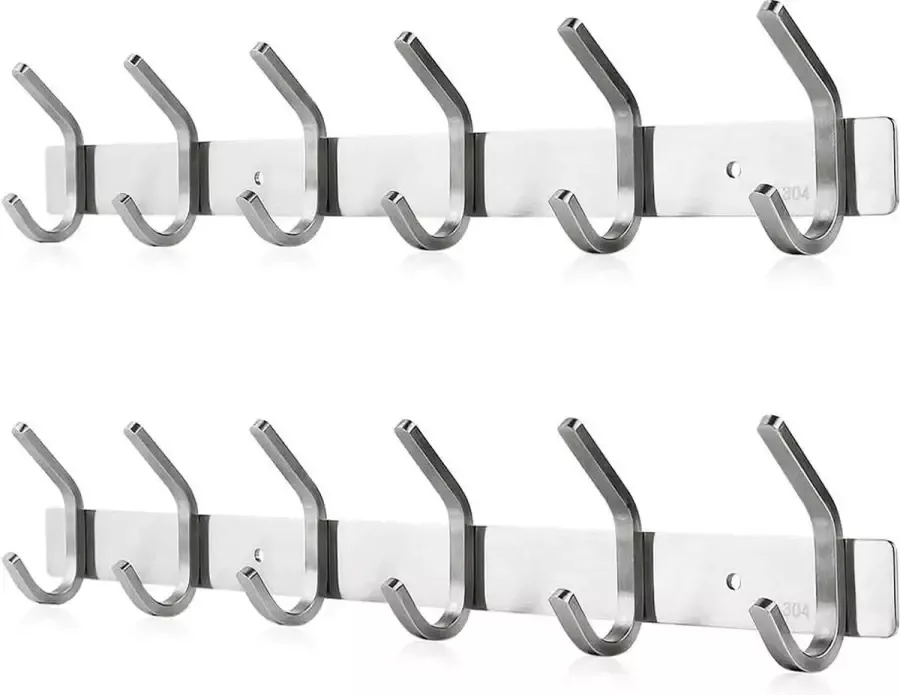 Haaklijst roestvrij staal kapstokken geborstelde optiek dubbele haken draagvermogen tot 30 kg zilver 6 haken 2 stuks