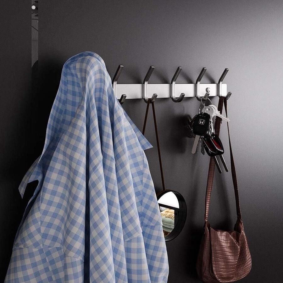 Haaklijst roestvrij staal kledinghaken geborstelde look dubbele haken tot 30 kg belastbaar zilver 6 haken 2 stuks