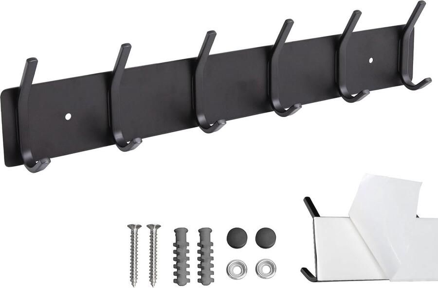 Haaklijst zonder boren 43 cm Wandgarderobe met 6 haken Roestvrijstalen kapstok voor badkamer keuken en slaapkamer