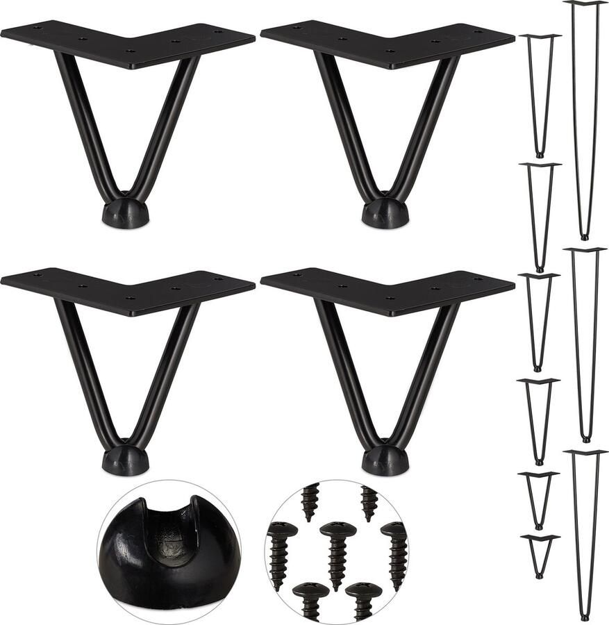 Relaxdays hairpin poten 4 stuks 2 stutten metaal voor kruk tafel & kast 10 cm hoog zwart 10 cm 2 stangen