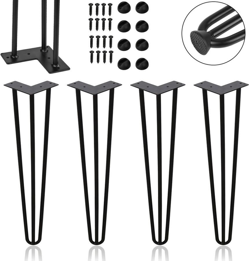 Hairpin tafelpoot-Tafelpoten-Meubelpoten set van 4 -Zwart-3 statieven-Hairpin poten-30CM