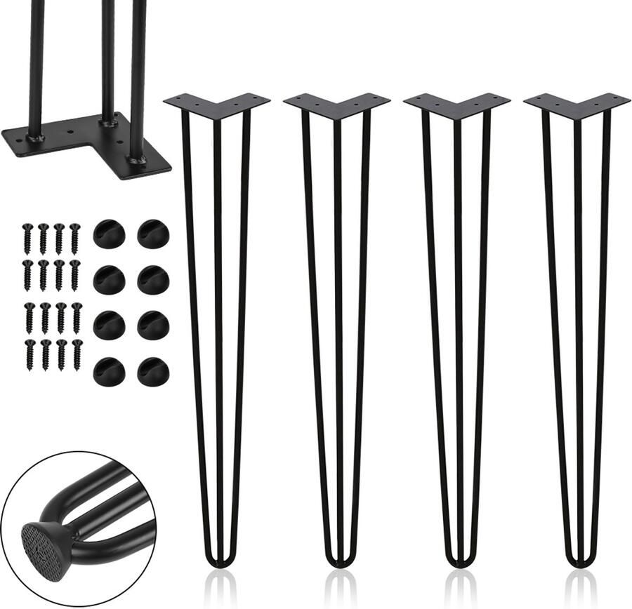 Hairpin tafelpoot-Tafelpoten-Meubelpoten set van 4 -Zwart-3 statieven-Hairpin poten-45CM