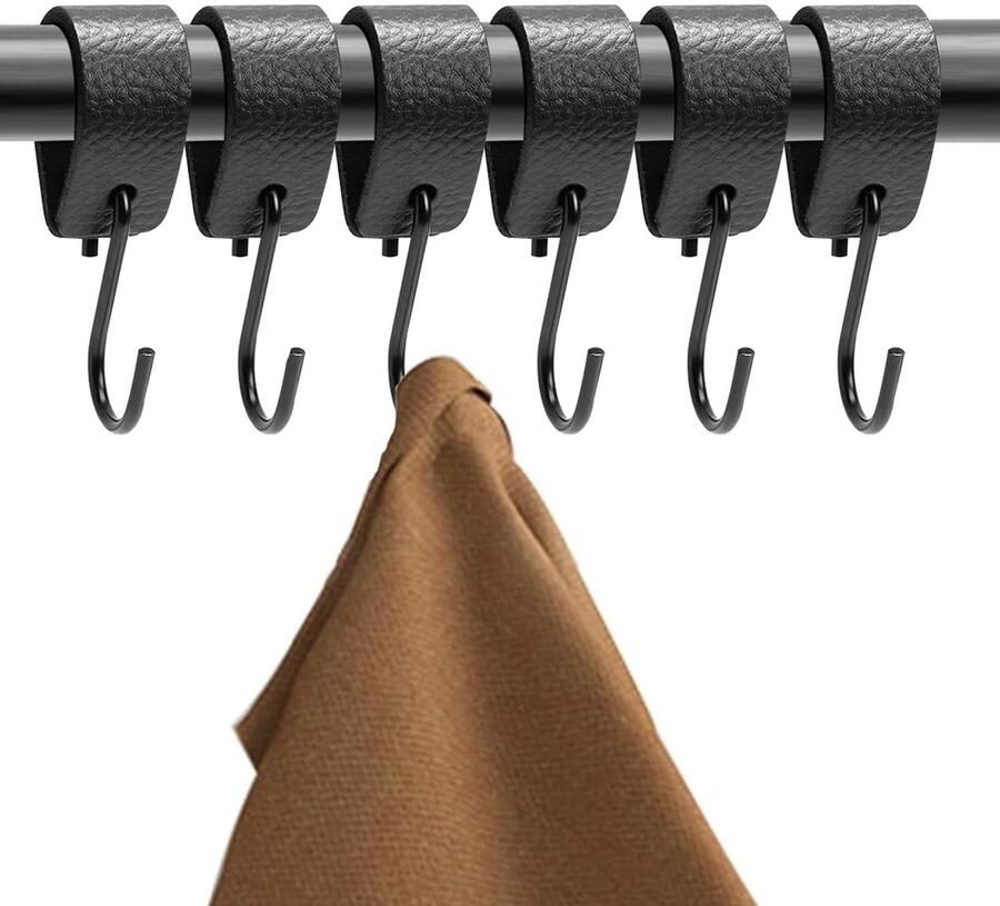 Haken voor kledingroede 6 stuks S-haken zwart haken met leren lus S-haken om op te hangen jashaken zwart haken voor kledingroede om op te hangen jashaken voor kledingkast en camping