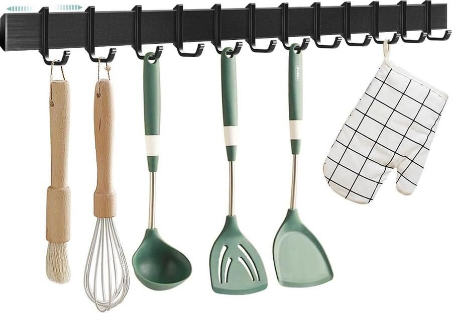 Hakenrek 58cm keukenhouder zonder boren met 12 beweegbare haken Aluminium hakenrek keuken Hakenlijst keuken zelfklevend Mat oppervlak Zwart